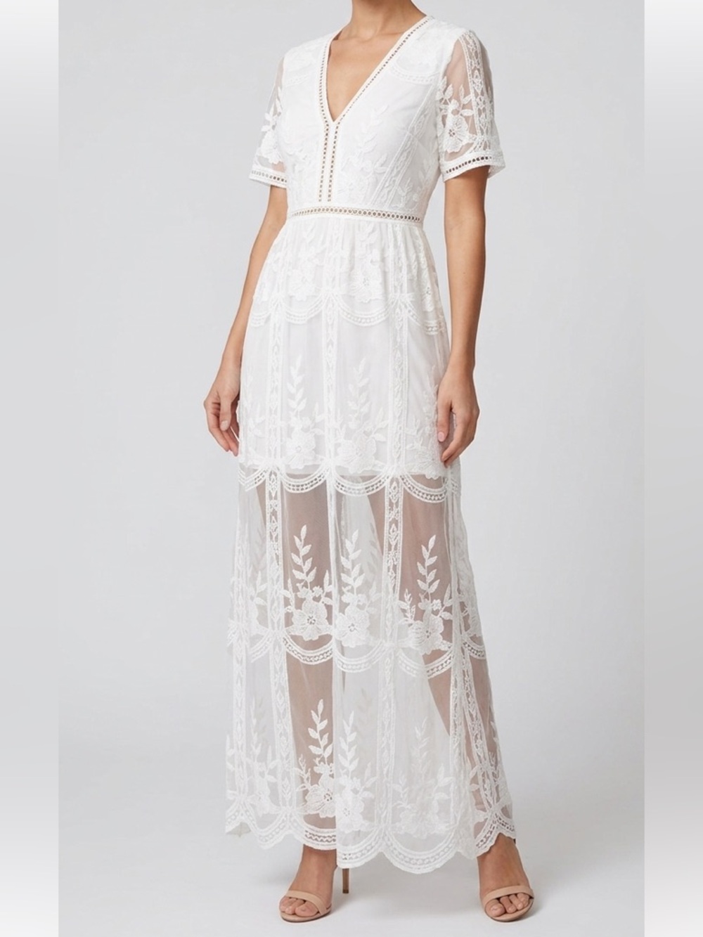 White Lace Embroidered Boho Maxi Dress Short Sleeve V-Neck Sheer Hem Large
